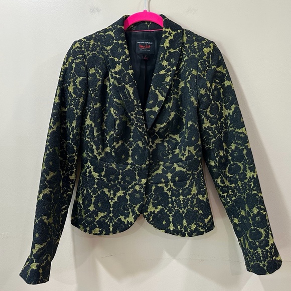Banana Republic L’Wren Scott Blazer Bright Celery Black Floral Jacquard Peplum 2 - Picture 2 of 11